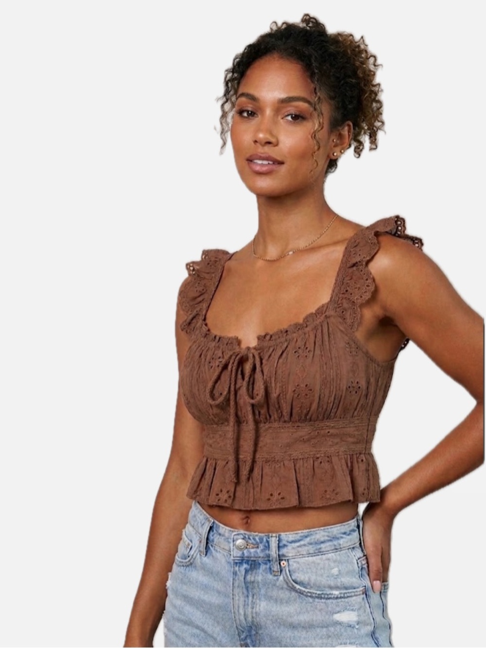 KIRIOUS LA WOMEN S BROWN CROPPED ADJUSTABLE LACE FLORAL BLOUSE NWT